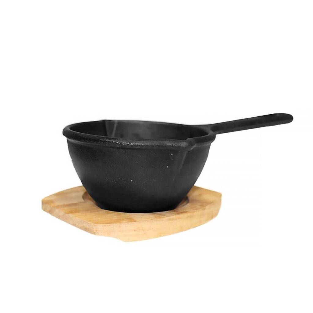 Soßentopf Ø 12 cm, 6 cm hoch, 0,4 l Volumen, inkl. Holzuntersetzer - Schwarz, für alle Herdarten geeignet, gute Wärmeverteilung und einfache Reinigung