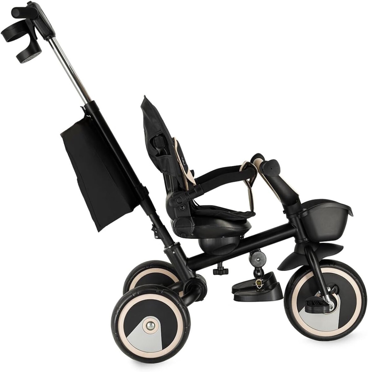 MoMi IVI Kinderdreirad 3-in-1 Beige – 360° drehbarer Sitz, 3-Punkt-Gurt, höhenverstellbare Schiebestange, Sonnendach, PU-Räder, Frontkorb – ab 9 Monaten