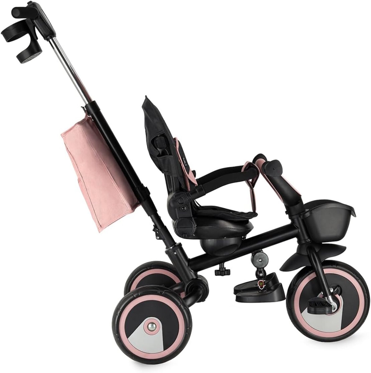 MoMi IVI Kinderdreirad 3-in-1 Rosa – 360° drehbarer Sitz, 3-Punkt-Gurt, höhenverstellbare Schiebestange, Sonnendach, PU-Räder, Frontkorb – ab 9 Monaten