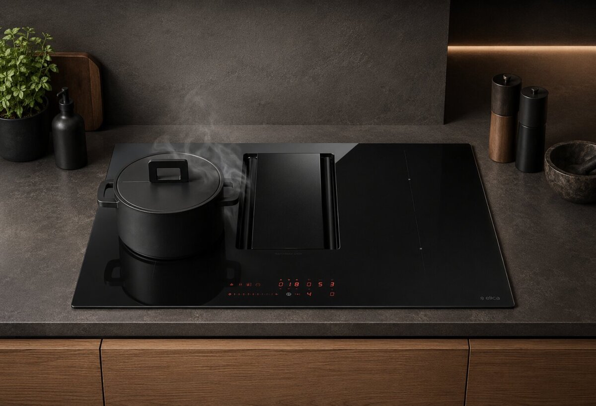 Elica GmbH Rund ums Haus Manolya Elica PRF0183127 Induktionskochfeld mit Dunstabzug 78 cm | Kochfeldabzug Muldenlüfter | 4 Kochzonen | Abluft 580 m³/h | Touch & Booster