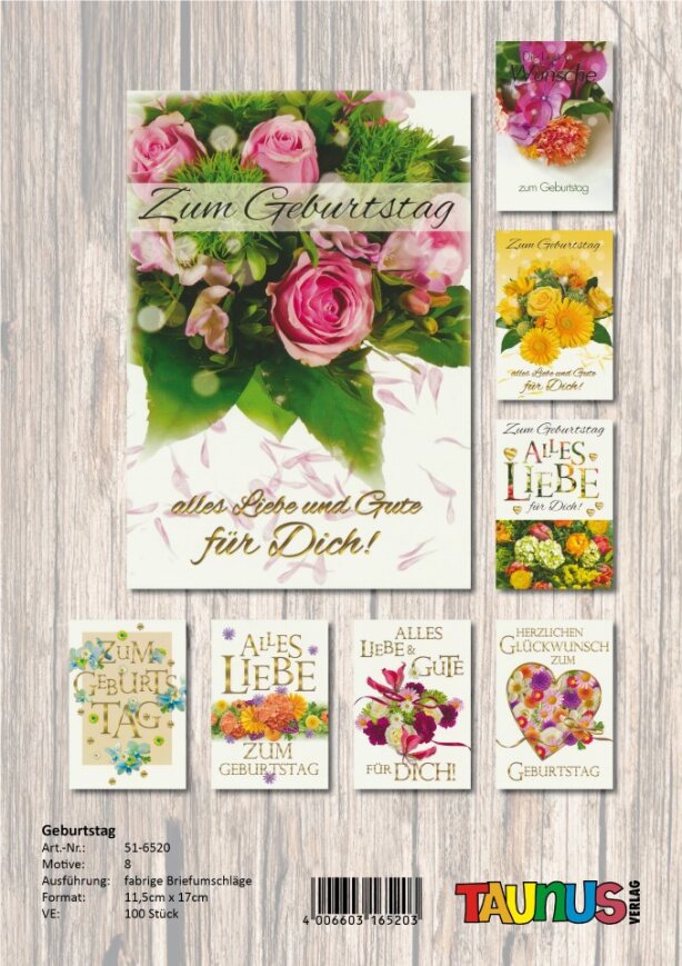 Taunus-Verlag Grüßkarten Geburtstagskarten Blumen - 100 Stück - 8 Motive