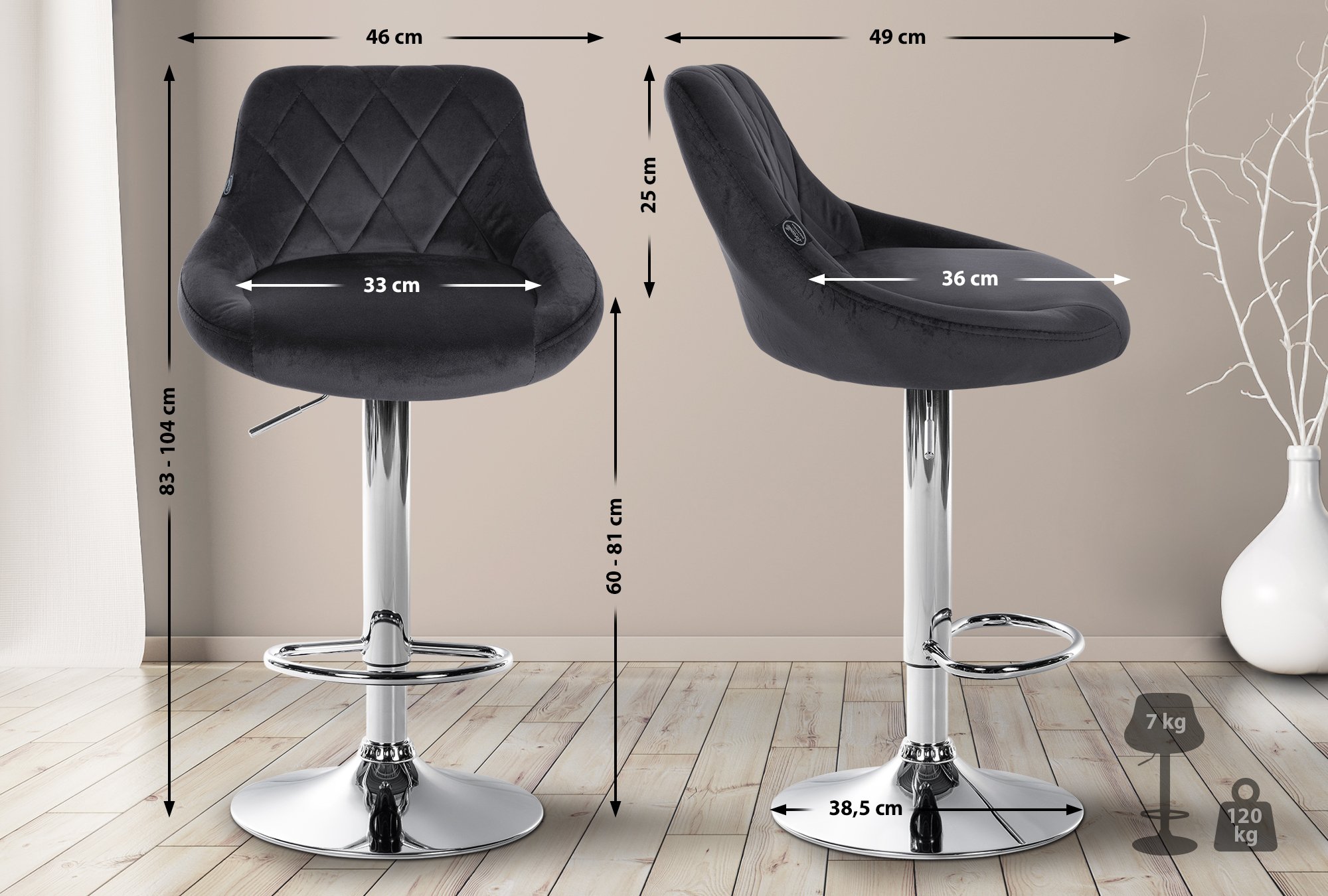 2er Set Barhocker Lazio Samt chrom