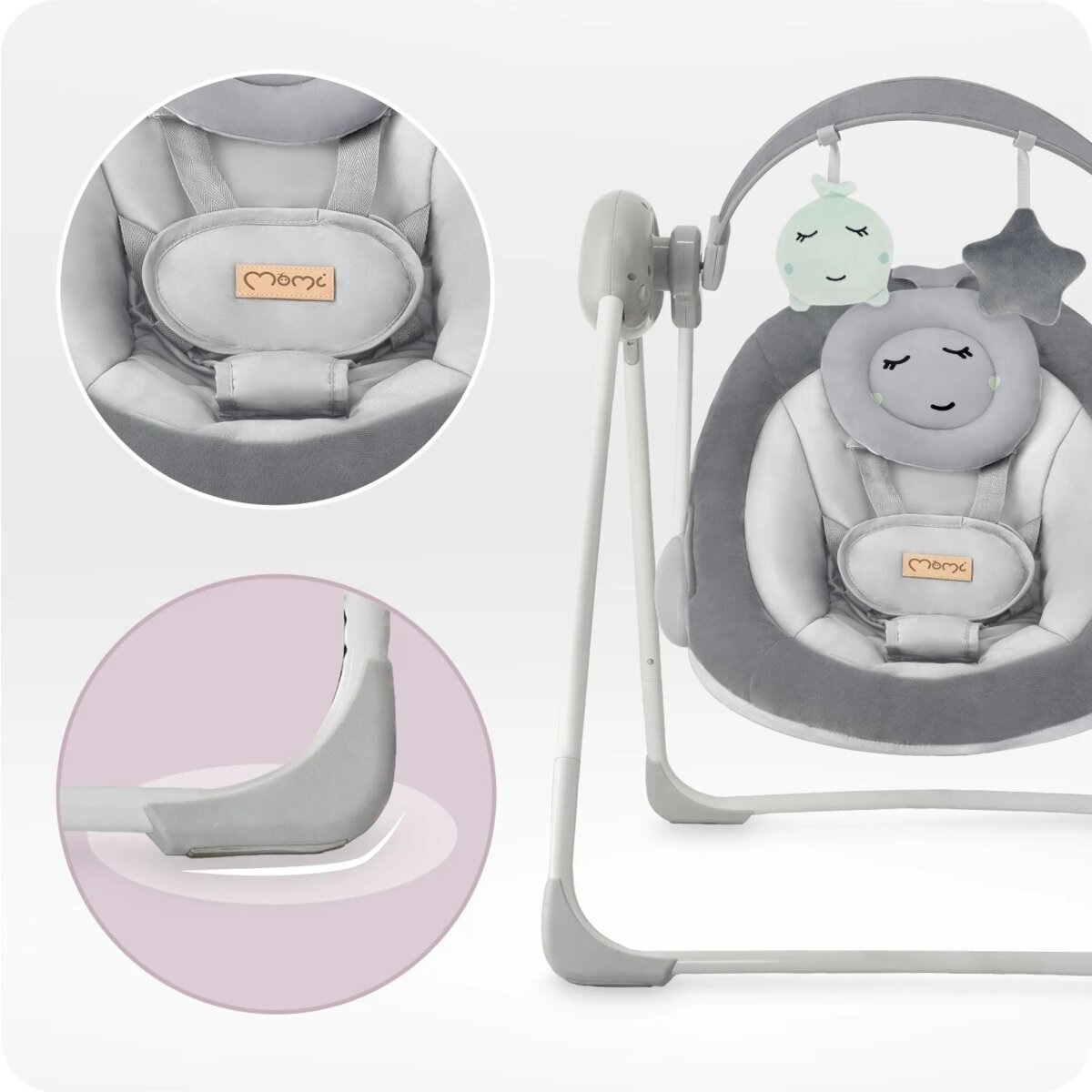 MoMi LISS – Elektrische Babywippe klappbar mit Timer, 5 Geschwindigkeiten, 6 Melodien & verstellbarem Spielbogen - Grau