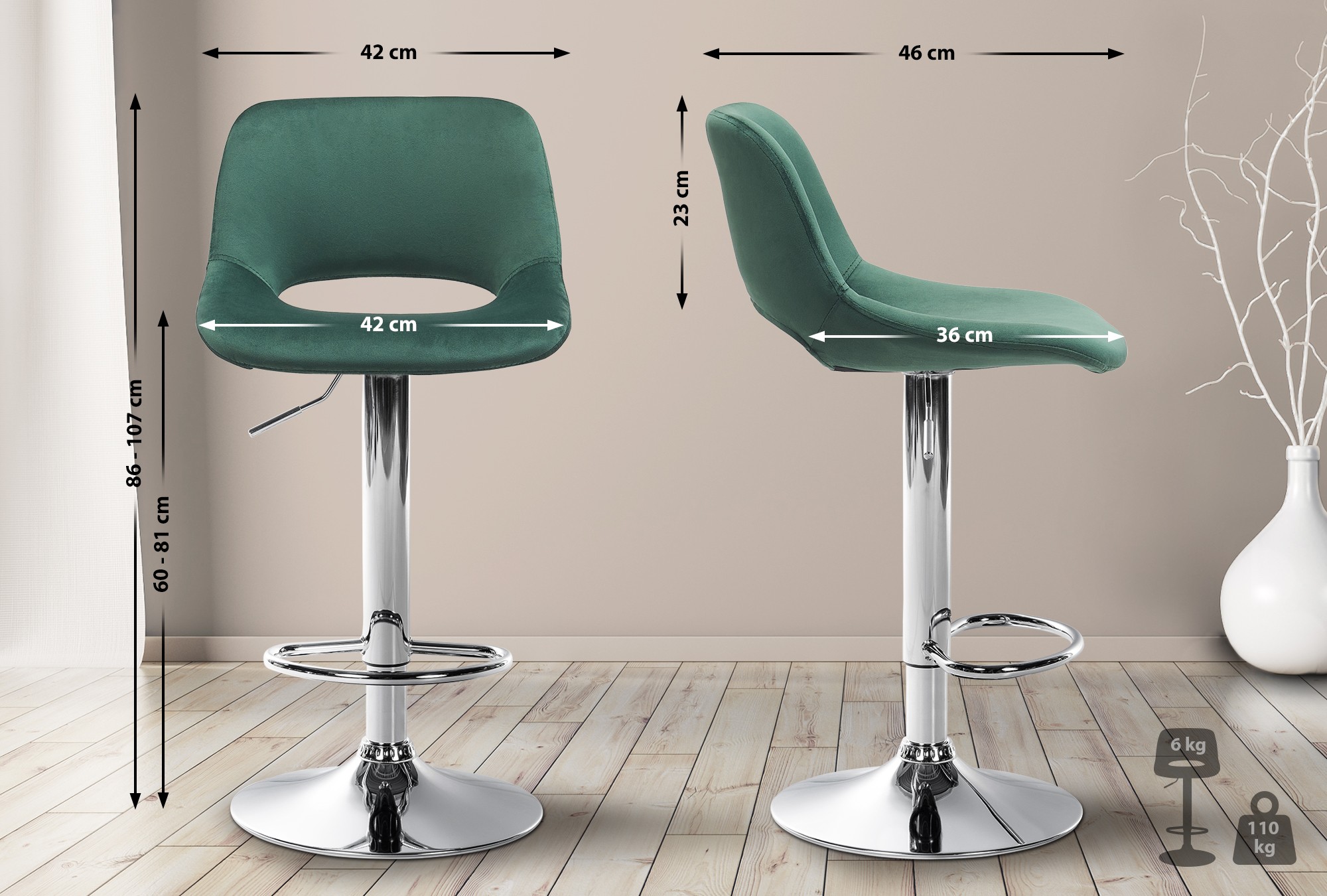2er Set Barhocker Camden Samt chrom