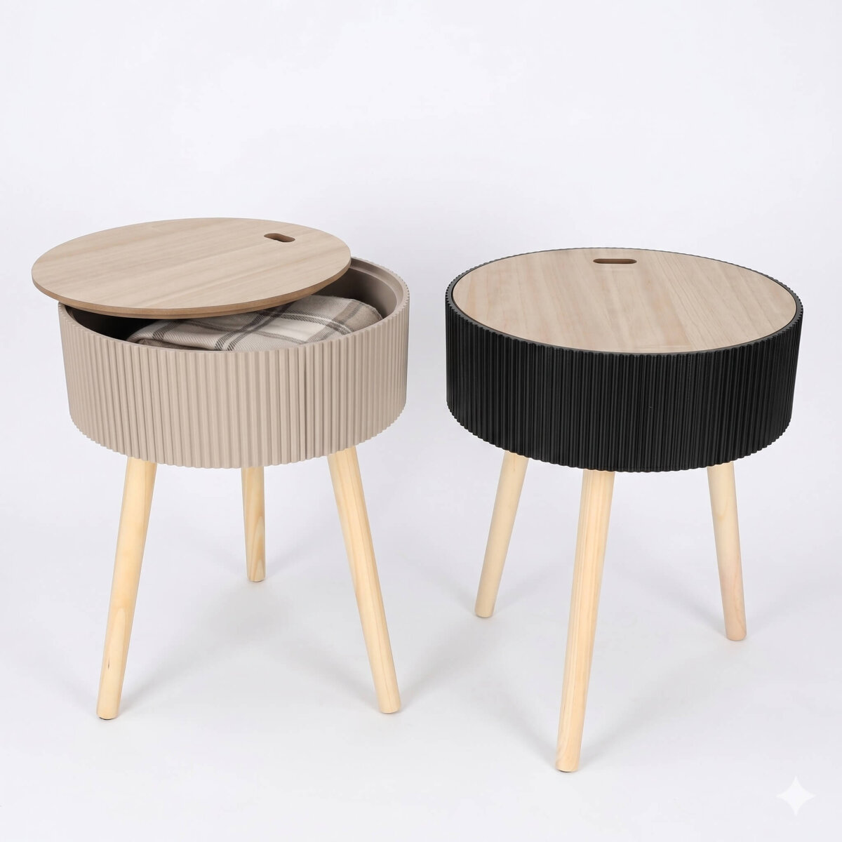 JENS Living Beistelltisch Levi – Rund Ø38cm mit Stauraum & Deckel – Couchtisch Modern mit 3 Beinen – Nachttisch – Holz – Taupe oder Schwarz