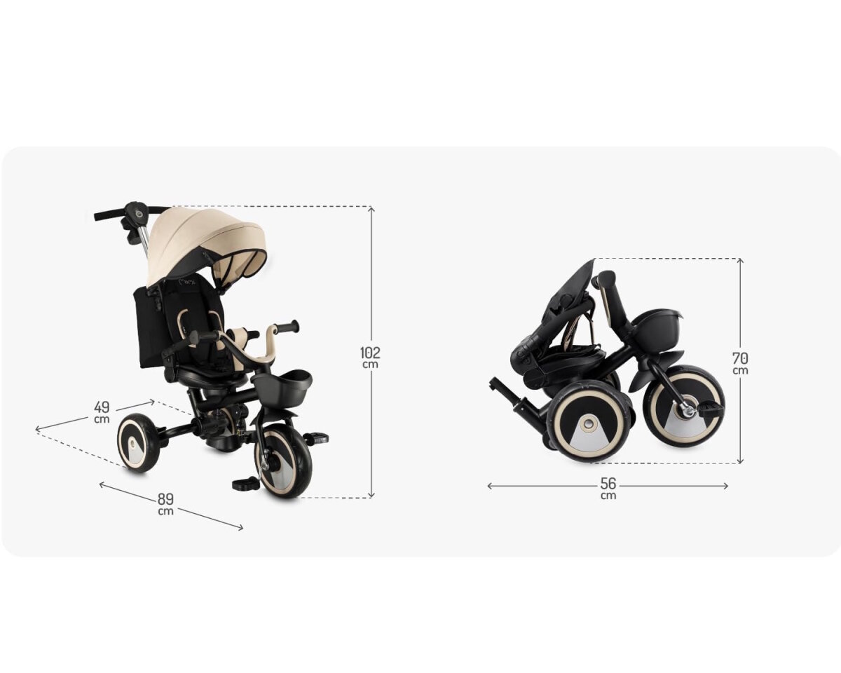 MoMi IVI Kinderdreirad 3-in-1 Rosa – 360° drehbarer Sitz, 3-Punkt-Gurt, höhenverstellbare Schiebestange, Sonnendach, PU-Räder, Frontkorb – ab 9 Monaten