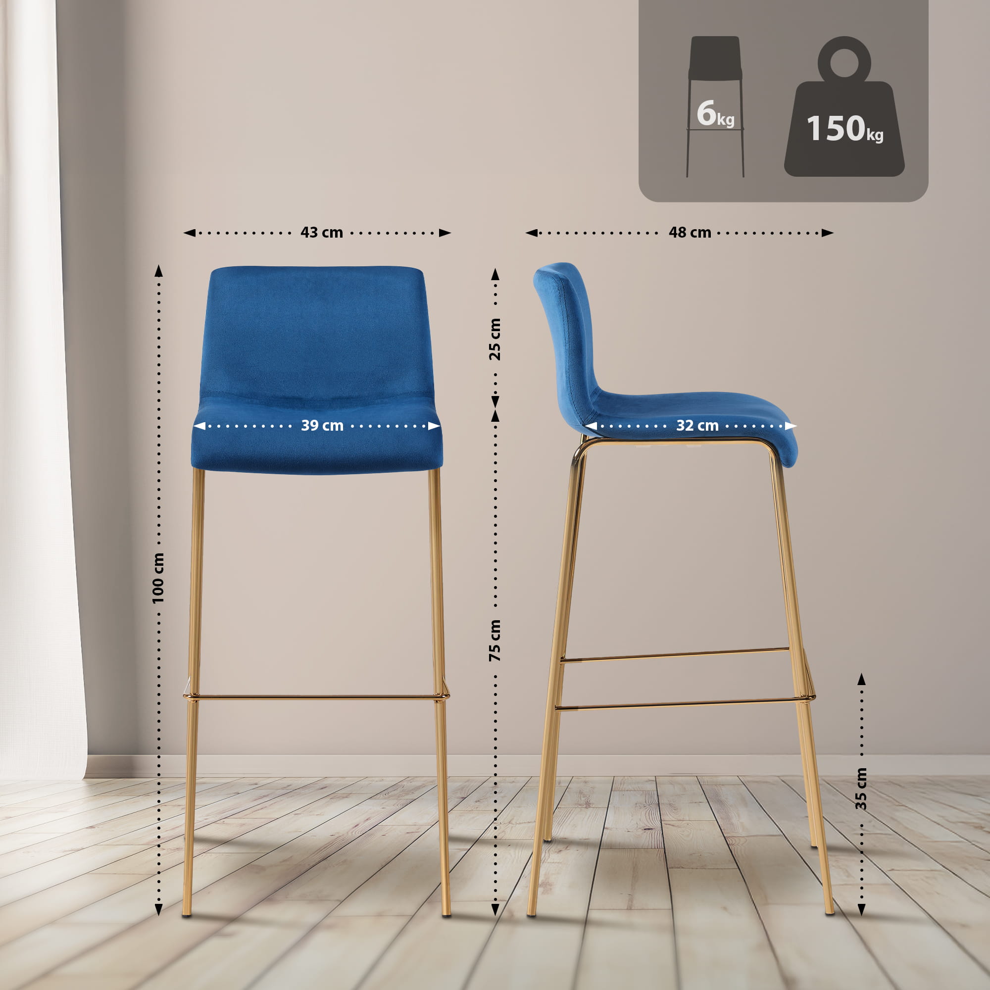Barhocker Hoover Samt 4-Fuß Gold