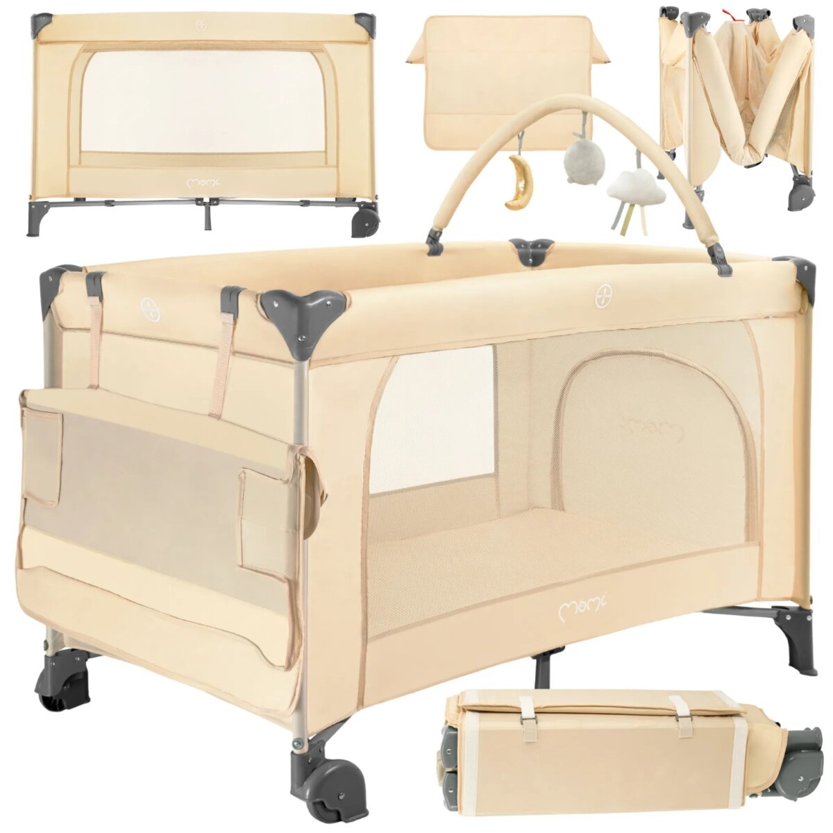 MoMi BELOVE PLUS – Babyreisebett mit Matratze, Spielbogen & Wickeltisch, 2 Ebenen, Zubehör inkl. – Beige