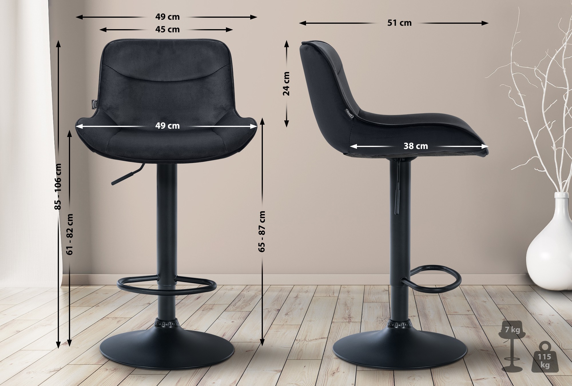 2er Set Barhocker Vonore Samt schwarz