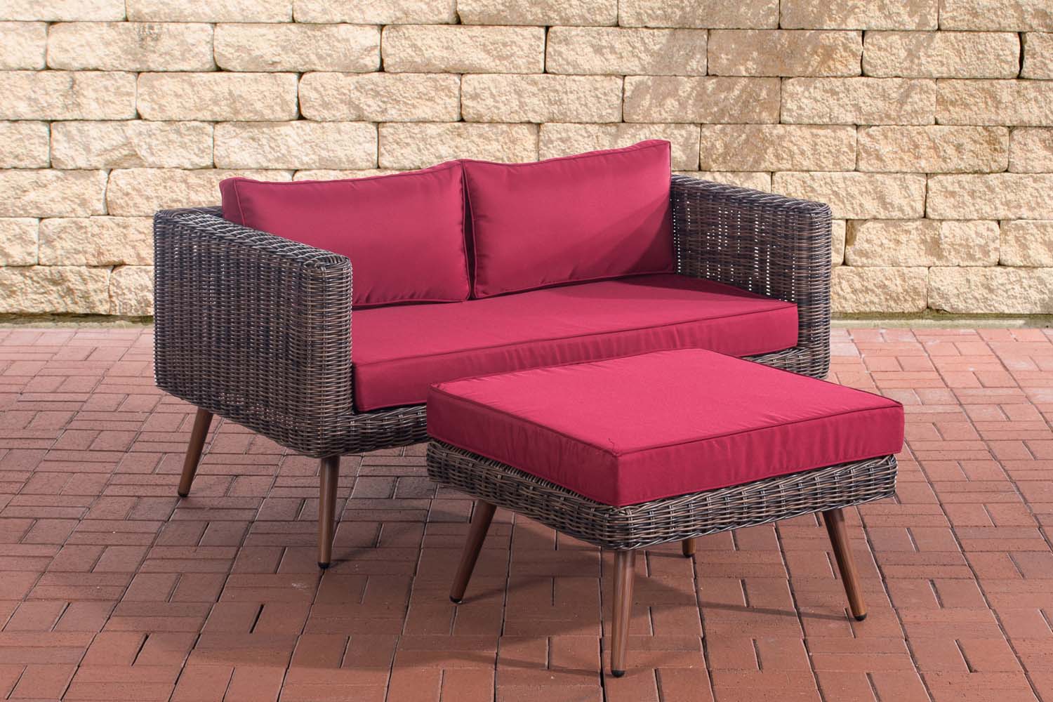 2er Sofa Molde mit Fußhocker Rundrattan braun-meliert 45 cm (Dunkelbraun)