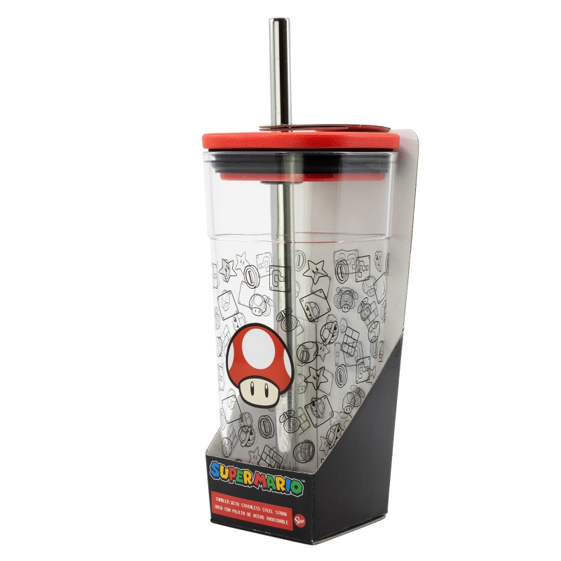 Stor Super Mario Nintendo - Super Mario - Toad - Trinkbecher mit Edelstahl Strohhalm - 540 ml