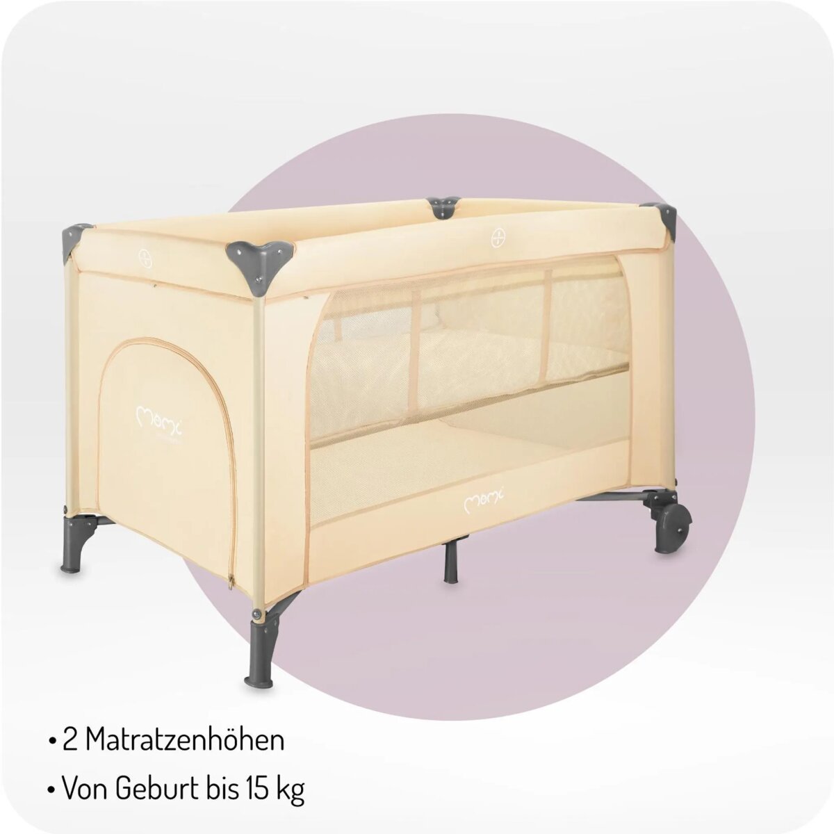 MoMi BELOVE PLUS – Babyreisebett mit Matratze, Spielbogen & Wickeltisch, 2 Ebenen, Zubehör inkl. – Beige