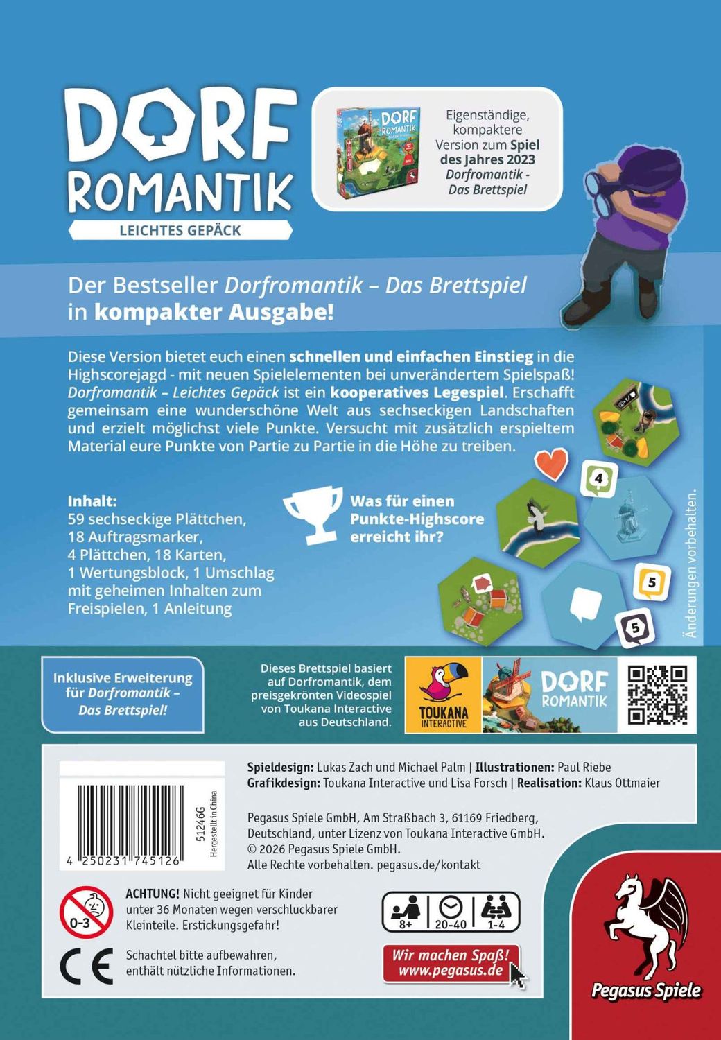 Pegasus Brettspiele & Gesellschaftsspiele Dorfromantik - Leichtes Gepäck inkl. Mini-Erweiterung Limes – Familienspiel