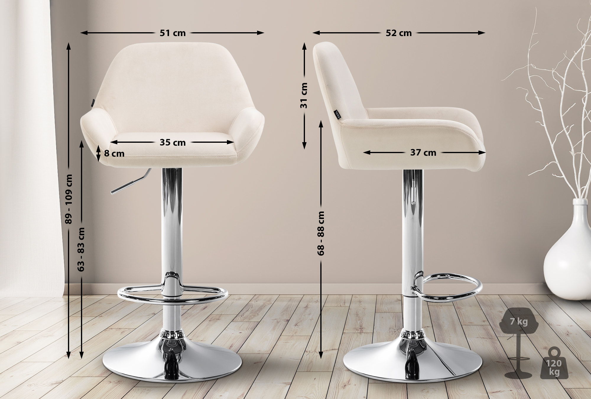 2er Set Barhocker Braga Samt chrom