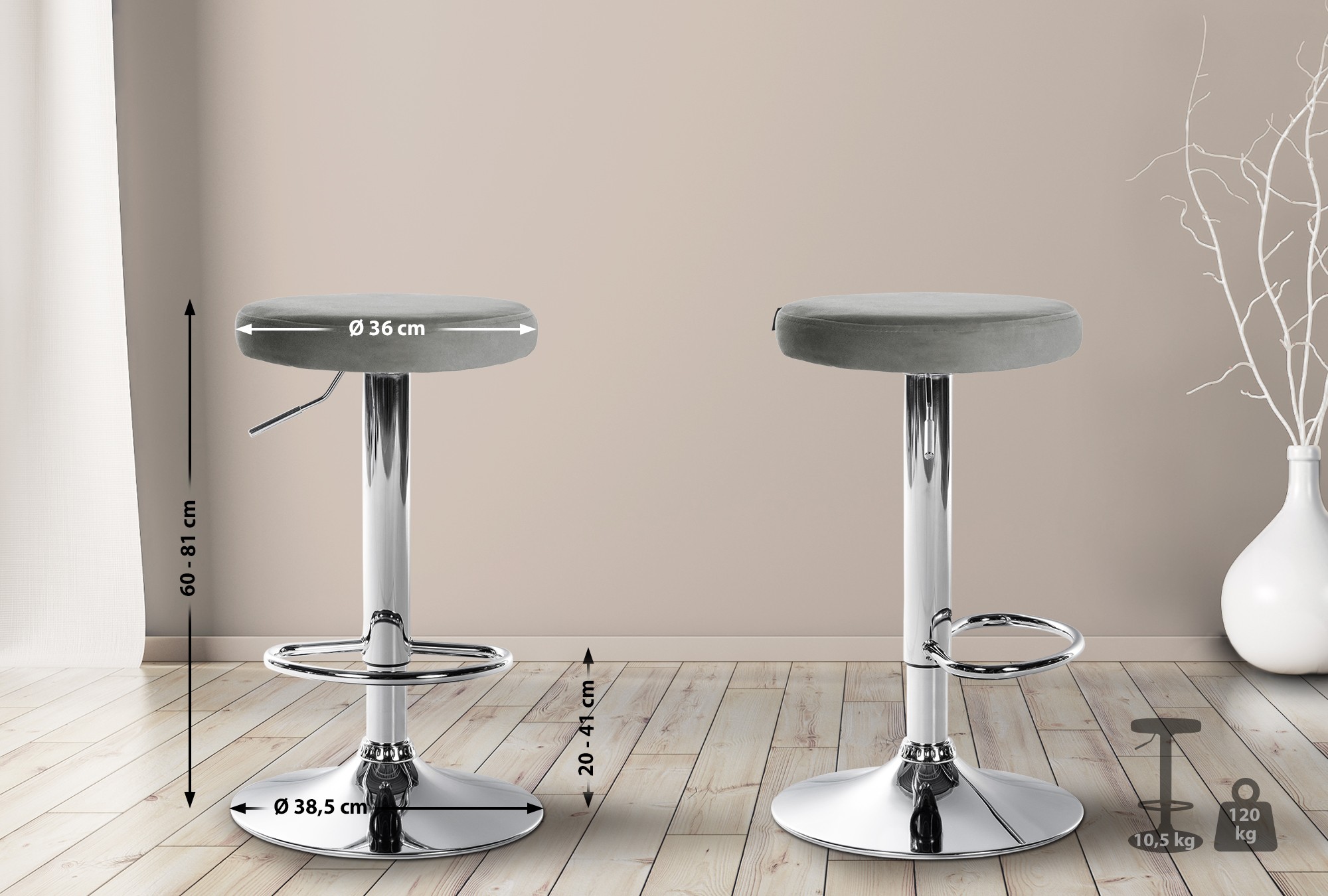 2er Set Barhocker Ponte Samt chrom