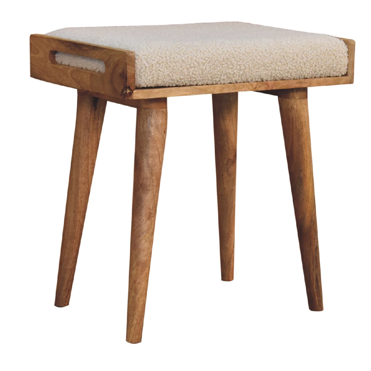 Fußhocker im Stil eines cremefarbenen Tabletts aus Bouclé