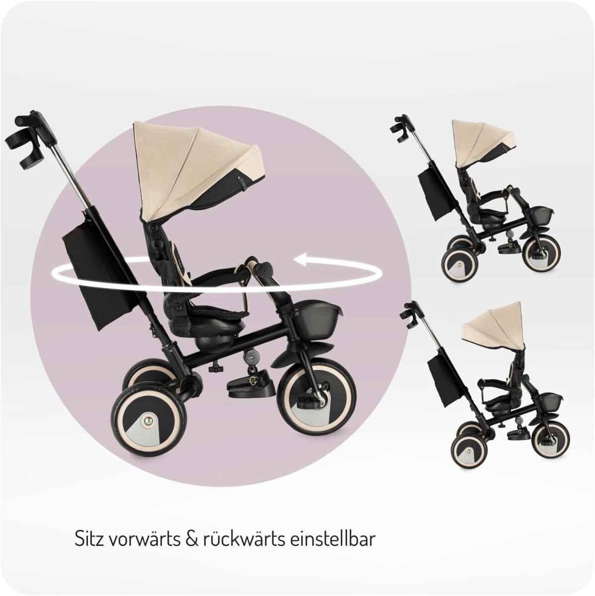 MoMi IVI Kinderdreirad 3-in-1 Blau – 360° drehbarer Sitz, 3-Punkt-Gurt, höhenverstellbare Schiebestange, Sonnendach, PU-Räder, Frontkorb – ab 9 Monaten