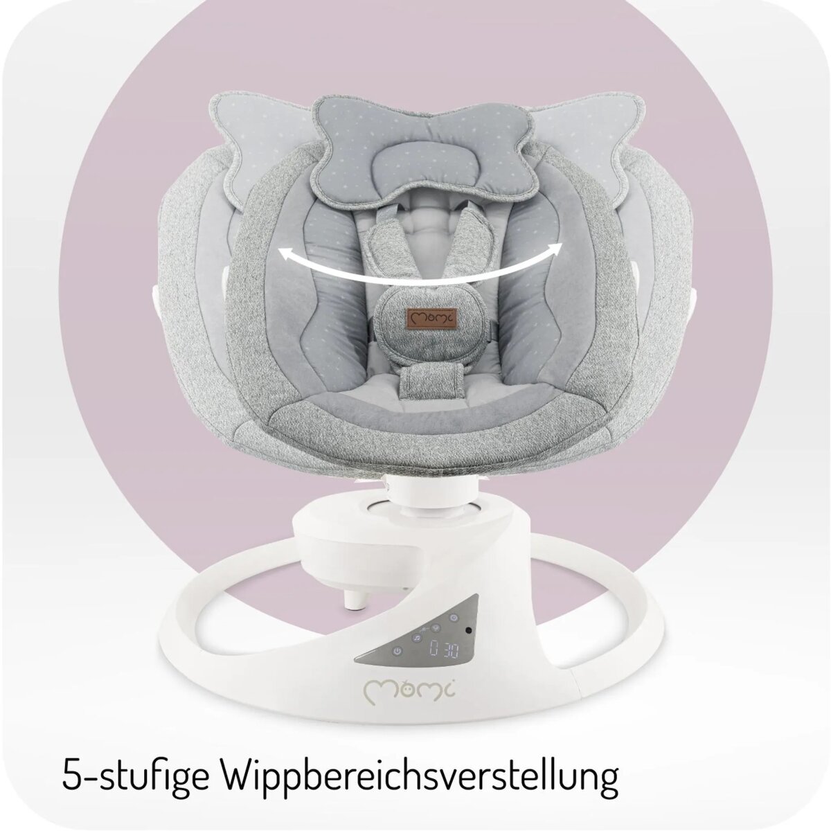 MoMi PEARL – Babywippe mit Bluetooth, 360° Sitzdrehung, 2 Modi, Nummern-Panel – Grau