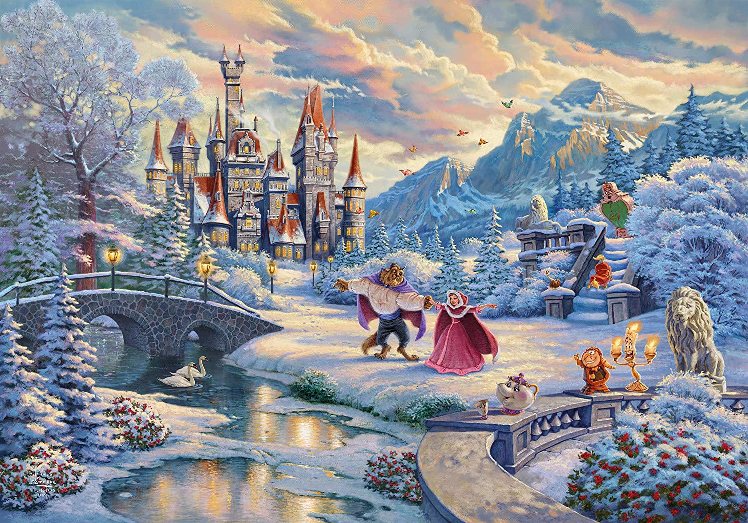 Schmidt Spiele GmbH Puzzles Disney, Die Schöne und das Biest, Zauberhafter Winterabend, Limited Christmas Edition - 1000 Teile Puzzle (Thomas Kinkade)