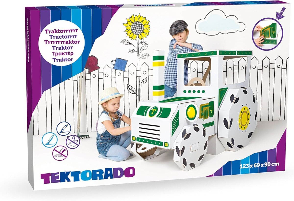 Tektorado Traktor Kartonspielzeug – Weiß, 5-lagig, bemalbar – Kreatives Bastelspiel für Kinder
