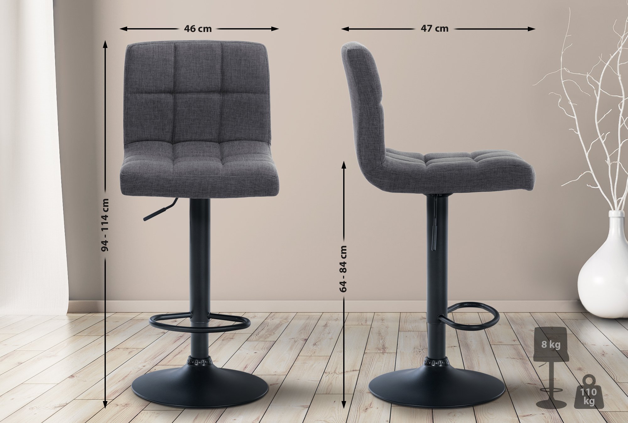 2er Set Barhocker Calma Stoff schwarz