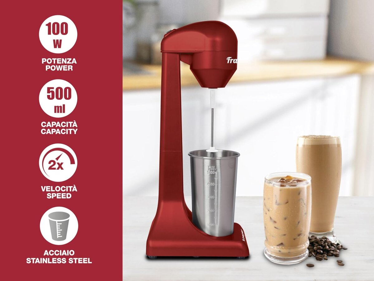 BEPER BP.690 Elektrischer Milchshaker 100W – Drink Mixer mit 500ml Edelstahlbecher – Shaker für Milchshakes, Cocktails & Frappés – Rot