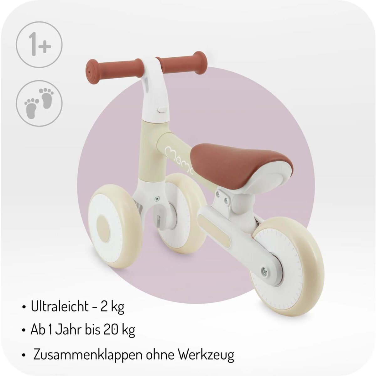 MoMi DEX – Faltbares 2-in-1 Laufrad & Dreirad ohne Pedale, leicht, werkzeuglos montierbar, verstellbarer Sitz, ab 12 Monaten, bis 20 kg – Beige