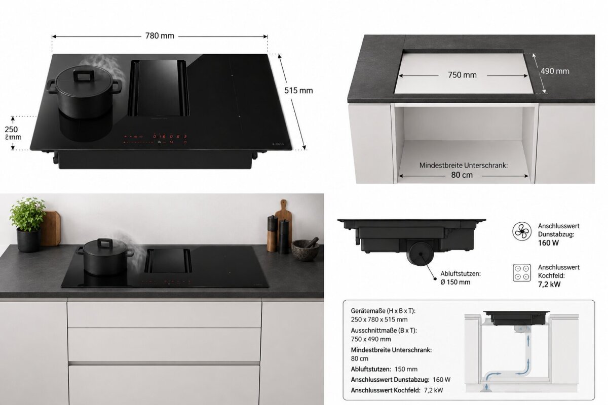Elica GmbH Rund ums Haus Manolya Elica PRF0183127 Induktionskochfeld mit Dunstabzug 78 cm | Kochfeldabzug Muldenlüfter | 4 Kochzonen | Abluft 580 m³/h | Touch & Booster