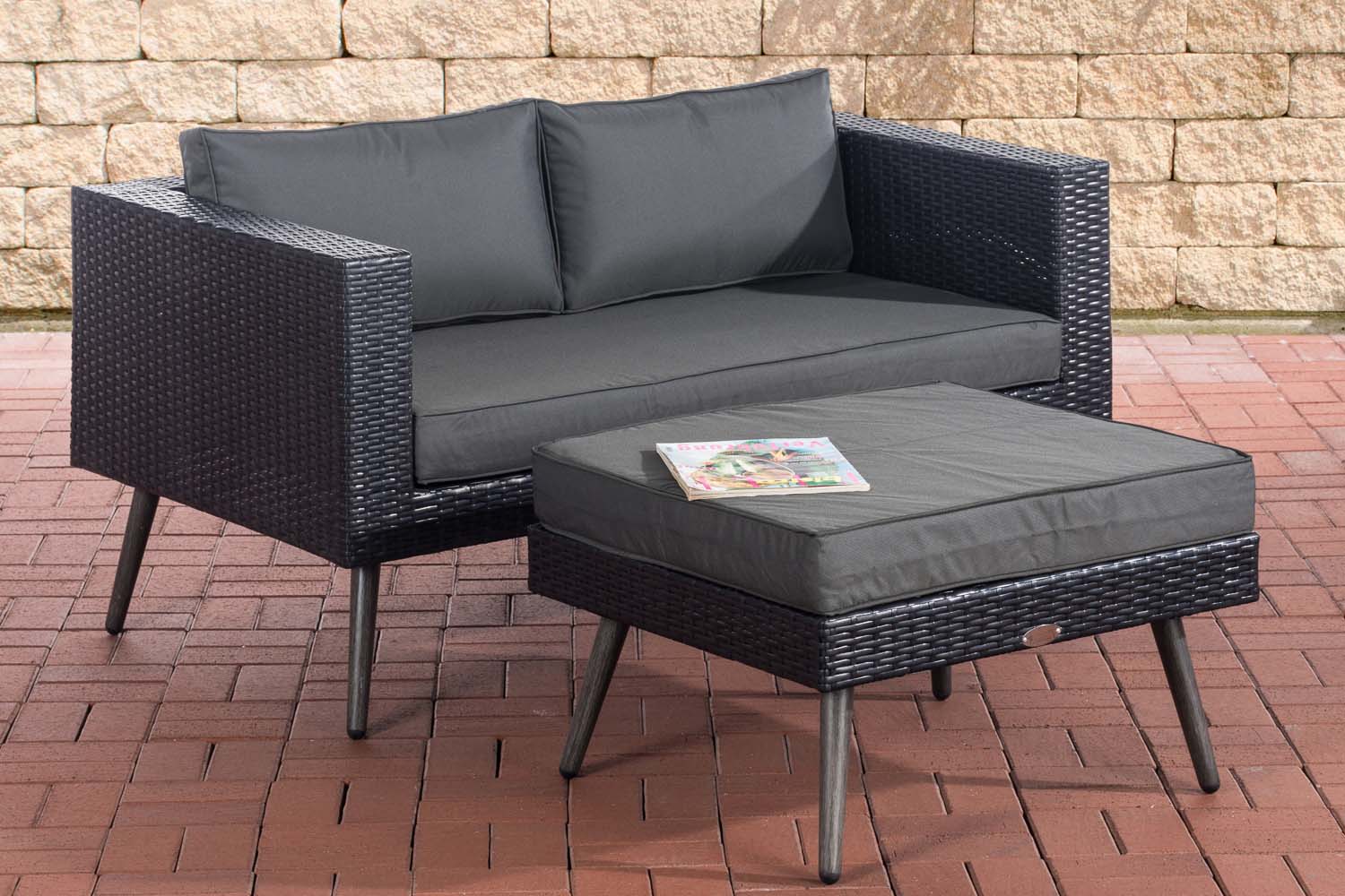 2er Sofa Molde mit Fußhocker Flachrattan schwarz 40 cm (Dunkelgrau)