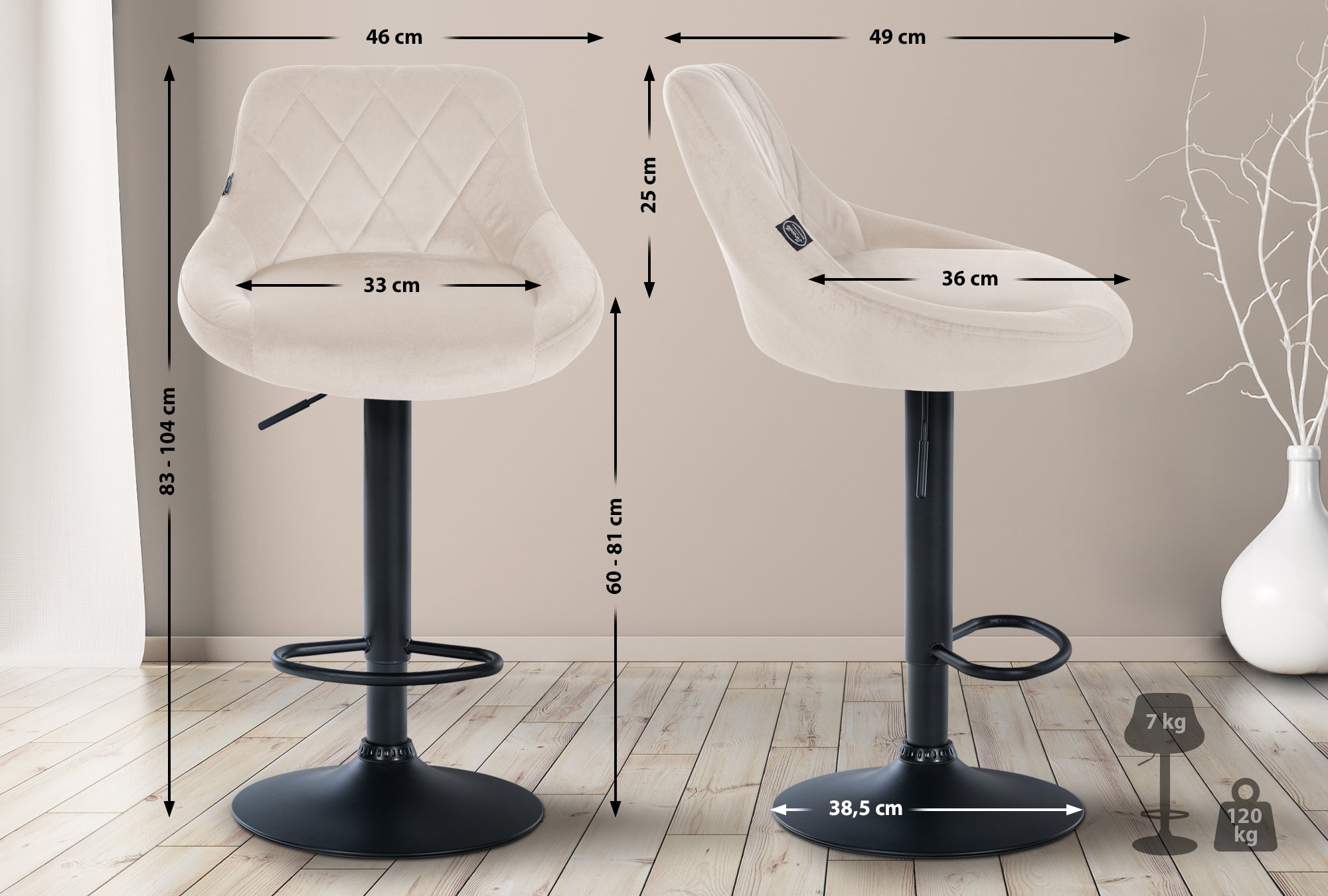 2er Set Barhocker Lazio Samt schwarz